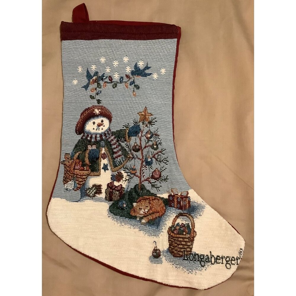 Longaberger Snowman Christmas Stocking With Tapestry Design & Red Backing VTG